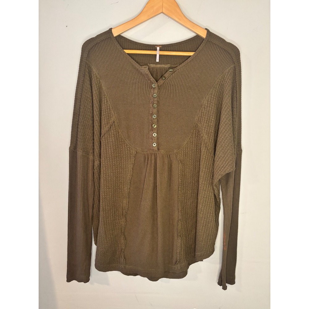 Free People Waffle Knit Henley Top Olive Green Casual Boho Small